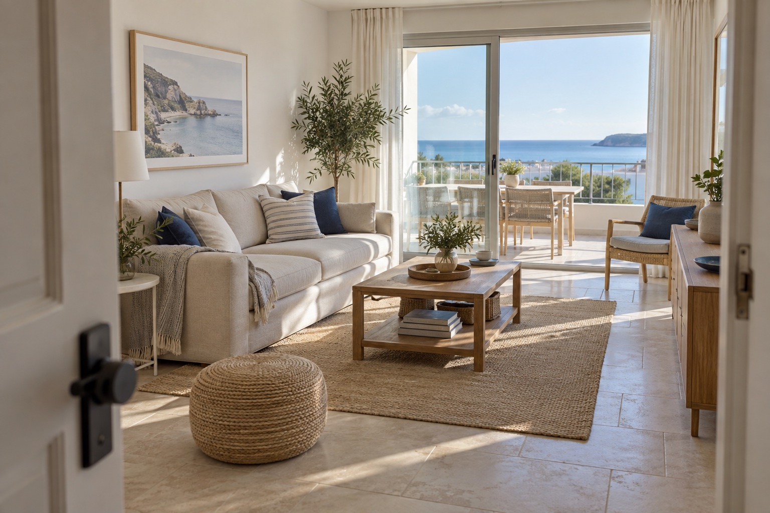 Illustration of a bright coastal apartment with a sunlit balcony and sea view